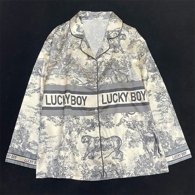 Women's  - textured national style lapel pajamas long-sleeved  silk home service suit