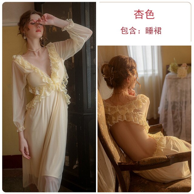 Women Sexy Nightdress Mesh Perspective Romantic Sweet Nightgowns Femme Deep V Backless Long Sleeves Sleepwear Nighty For Ladies