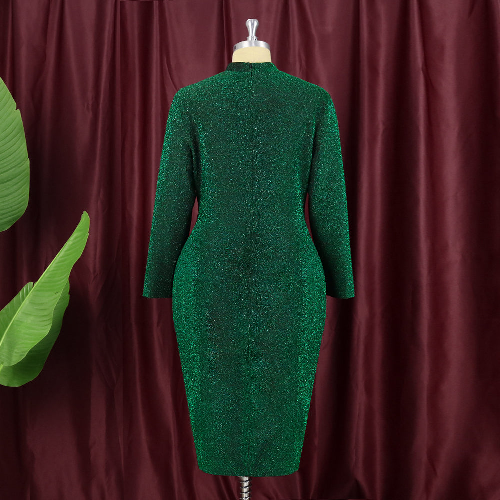 Women Turtleneck Dress 4XL Long Sleeves Bodycon Green Shiny  Elastic Christmas Party Event Evening 2021 Fall Winter Robes