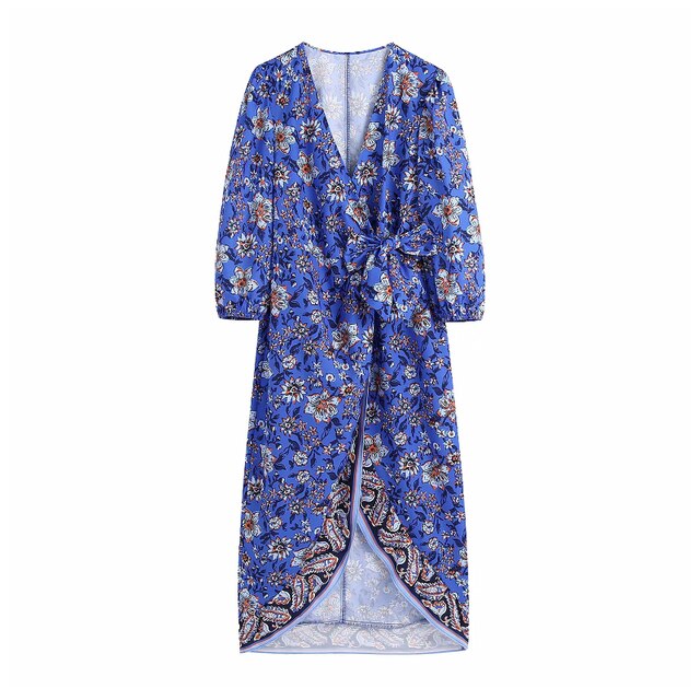 فستان ميدي بنمط بوهو مطبوع عليه زهور فستان نسائي بفتحة رقبة على شكل V وأكمام طويلة فستان نسائي أنيق مربوط بفيونكة على شكل حرف A 