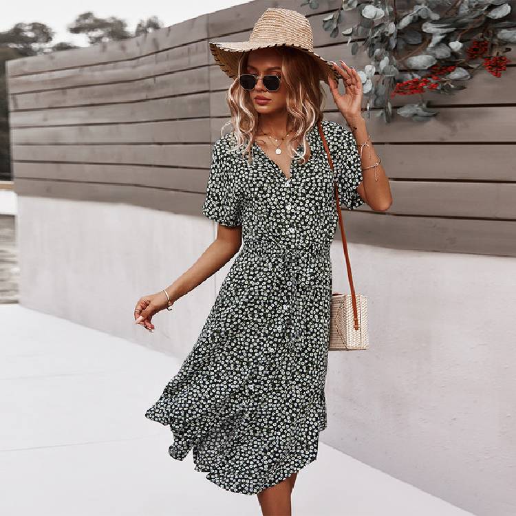 Beach Boho Summer Dress Shirt 2021 Floral Vintage High Waist Dresses Women Casual Loose Single Breasted Midi Slim Elegant Robe