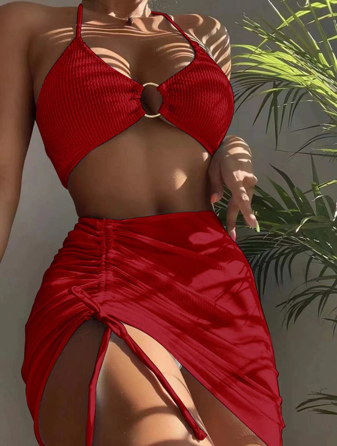 European and American Style Two-piece Swimsuit Female Slim Solid Color Sexy Swimsuit Halter Neck Three-piece Bikini