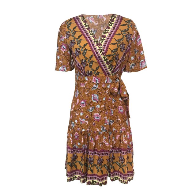 فستان صيفي بوهو قصير مطبوع عليه زهور للنساء بياقة على شكل V مع حزام فساتين نسائية قصيرة الأكمام للشاطئ فستان الشمس فيستدو 