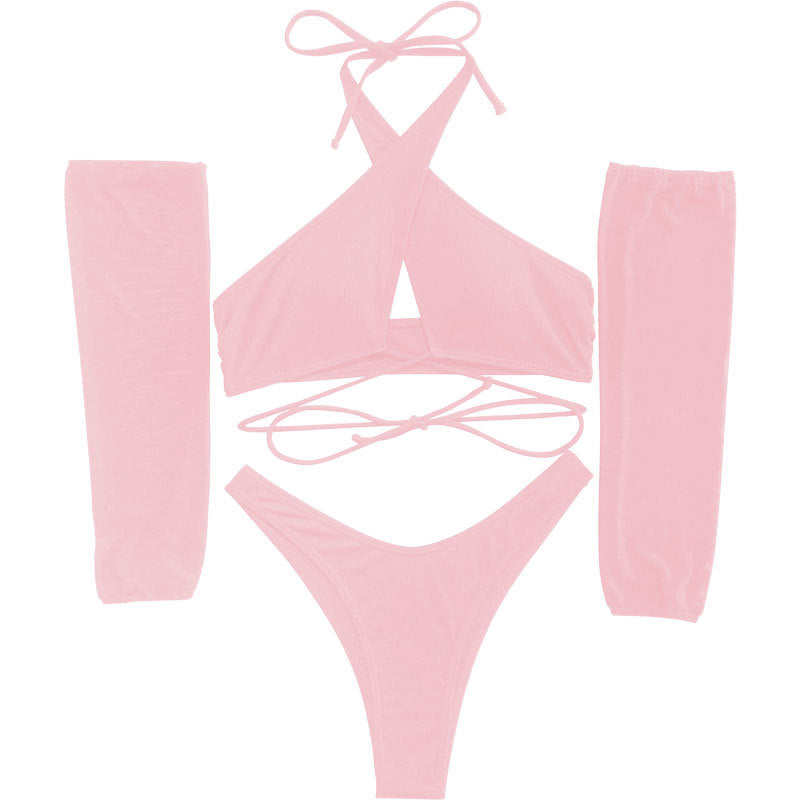 Sea Voice Swimwear Cross-border European Sexy Bikini Split Four-piece Swimsuit Women's New Bikini with Sunscreen Sleeves