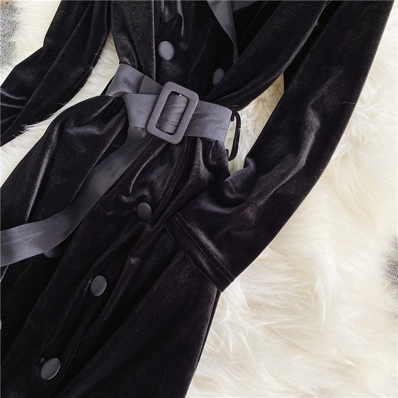 New autumn and winter Korean style trendy lace-up waist slimming mid-length windbreaker jacket for women