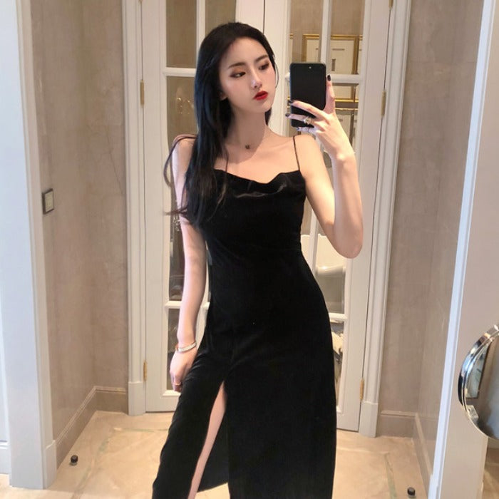 New 2022 Vintage Women Dress Spaghetti Strap Slit Velvet Black Dress Sexy Bodycon Bandage Dress Midi Party Dress Verano Vestidos