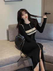 Woherb Sexy Long Sleeve Knit Dress Women Slim Classy Elegant Elastic Y2k Bodycon Vitido Midi Long Zip Dress Korea