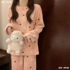 Coral velvet pajamas for women  winter sweet cute long sleeve velvet thickened spring and autumn Flannel housewear suit