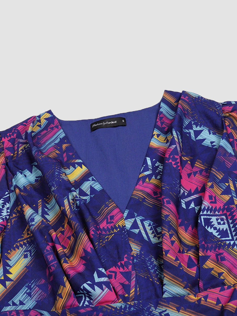 Contrast print waist slit dress