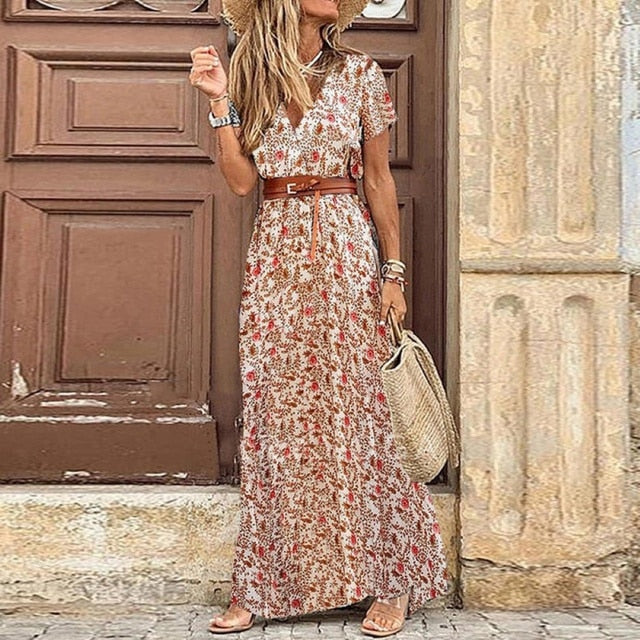 2022 Summer Boho Women's Long Dress V Neck Short Sleeve Floral Printed Beach Dresses Female Elegant Vintage Dress with Belt