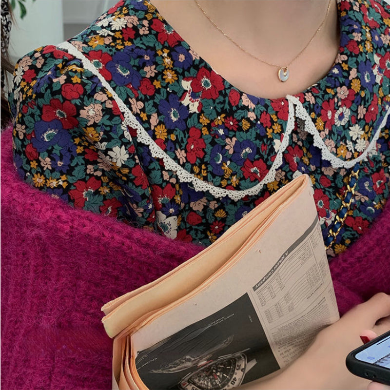 Long-sleeved retro printed dress women's full-court sweet Peter Pan collar elegant women's  students full-court aesthetic autumn