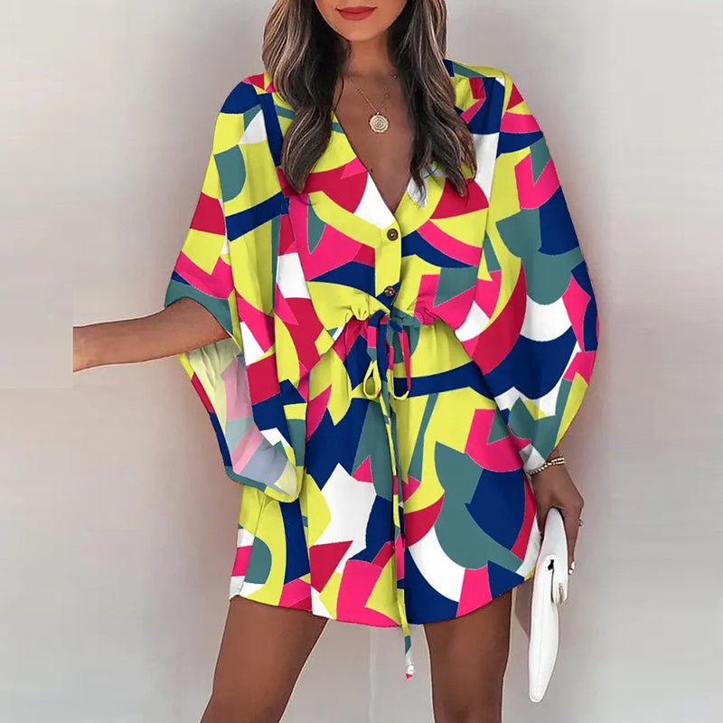 فستان قصير غير رسمي لقضاء العطلات على الشاطئ بوهو للنساء فساتين صيفية مطبوعة بأربطة وأكمام تشبه جناح الخفّاش للنساء رداء نسائي فضفاض 