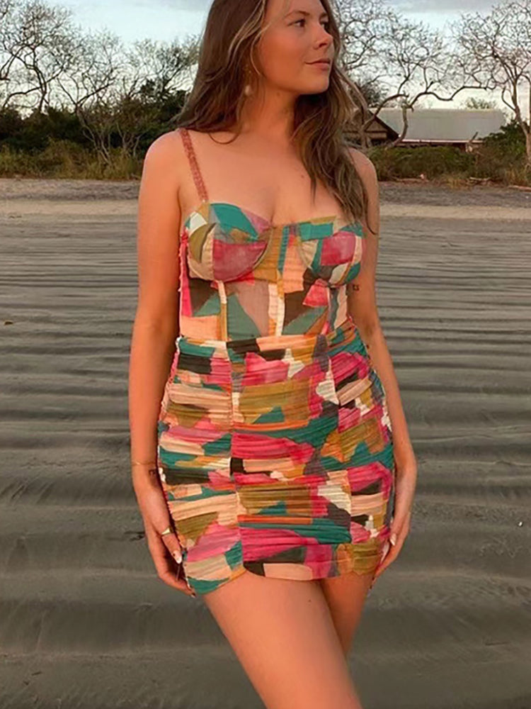 Sanches Fashion Print Sexy Summer Dress Women's Spaghetti Suspenders Bodycon Mini Club Dress Casual Y2K Streetwear Tank Top