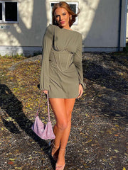 Articat Women's Illusion Bodycone Miniskirt O-neck Slit Trumpet Sleeve Wrap Skirt Solid Color Slim Bodycon Spring and Summer New