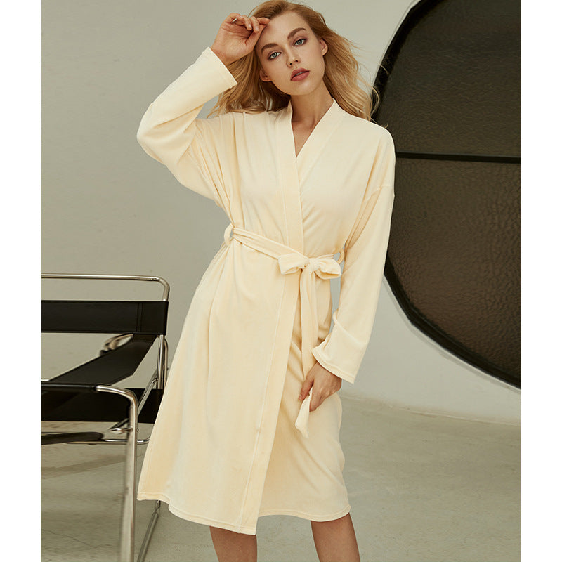 New style pajamas women autumn and winter long-sleeved cardigan women's nightgown solid color home service women