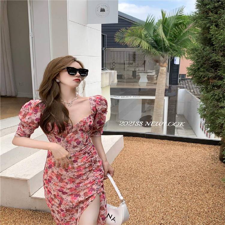 فستان للنساء 2021 فستان شيفون صيفي منقوش عليه زهور سبليت بوهو بيتش وردي فستان طويل مثير 3318 # 