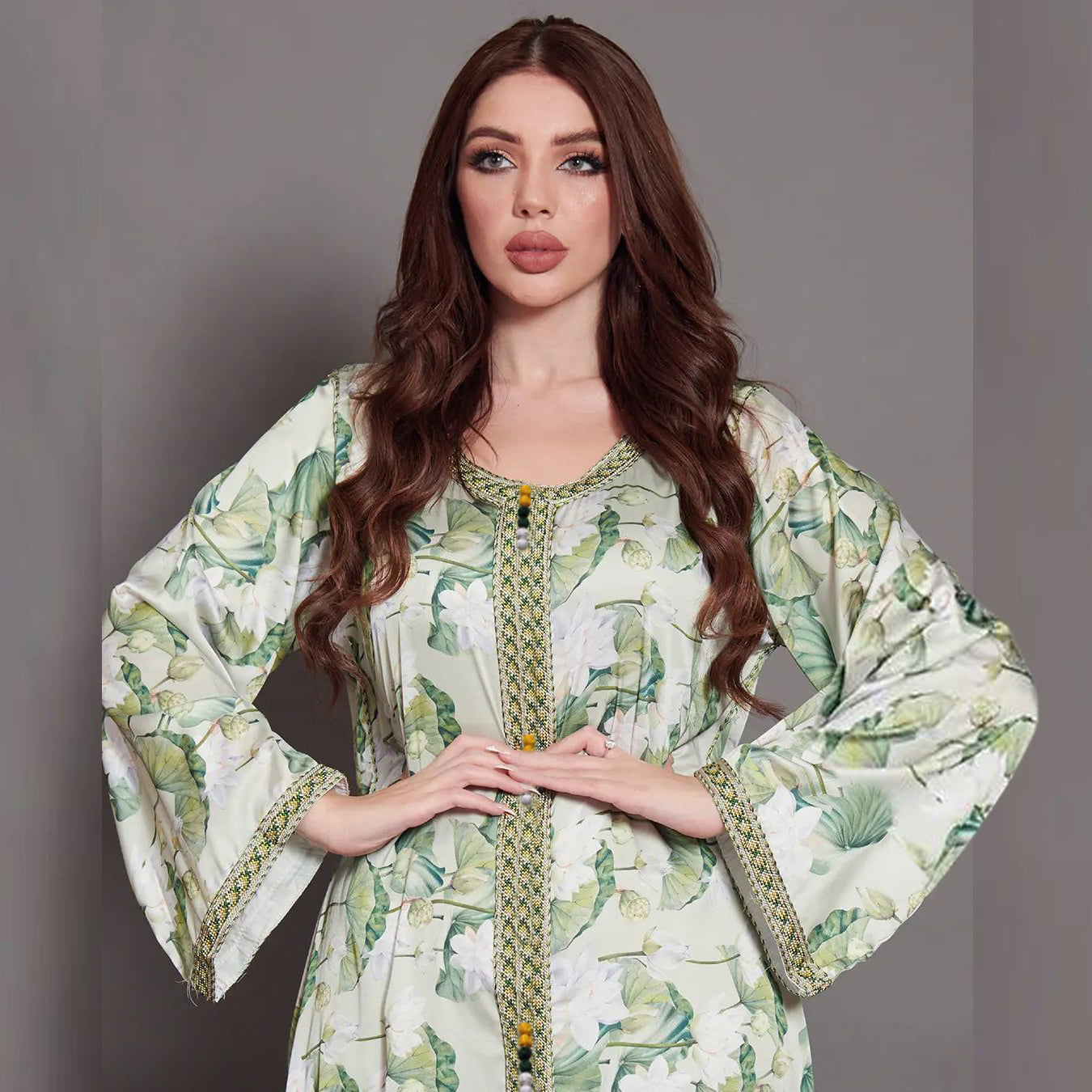 New Middle East  Plus Size Lotus  Print Dress Arab Traditional Women's Robe Jalabiya Dubai Qatar