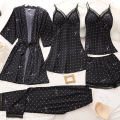 European and American style home service suit women's lace stitching suspender nightdress five-piece
