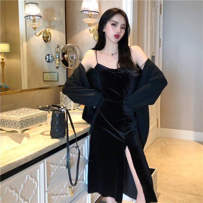 New 2022 Vintage Women Dress Spaghetti Strap Slit Velvet Black Dress Sexy Bodycon Bandage Dress Midi Party Dress Verano Vestidos