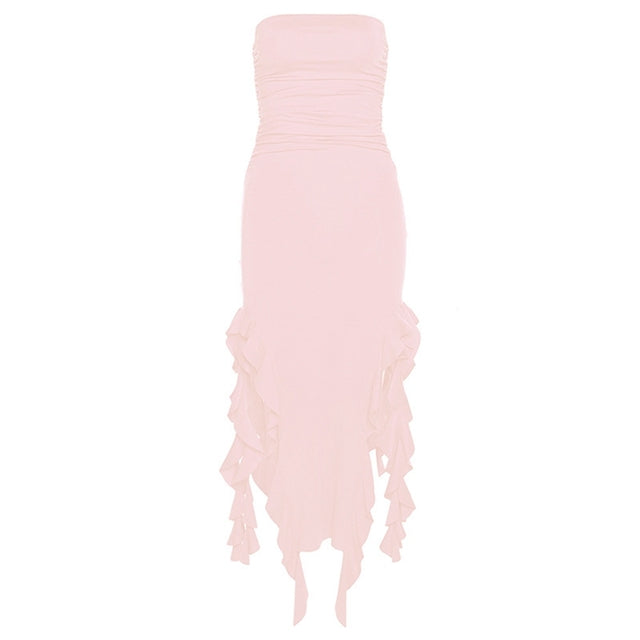 Y2K Sexy Pleated Midi Skirt 2023 Summer Women Street Strapless Backless Tassel Split Robe Bodycon Beach Party Black Dress