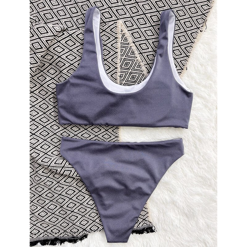 New Grey Bikinis Swimsuits Women's Two Piece Swimwear 2022 Summer Beach Swimming  Sets Push Up Female Sports Bathing Suits