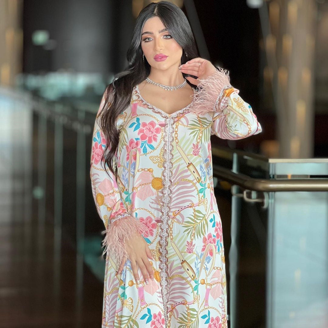 Middle East Fashion Print Dress Arabian Hot Diamonds Traditional Muslim Ladies Jalabiya Feather Decorated Elegant Long Dress Dubai Kuwait