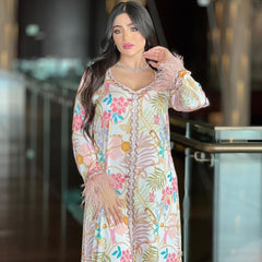 Middle East Fashion Print Dress Arabian Hot Diamonds Traditional Muslim Ladies Jalabiya Feather Decorated Elegant Long Dress Dubai Kuwait