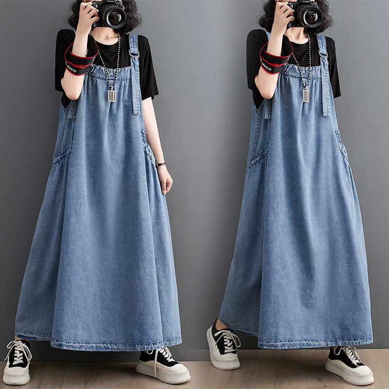 Plus size women's denim suspender skirt    retro dress 2023 spring and summer sleeveless big  dress female