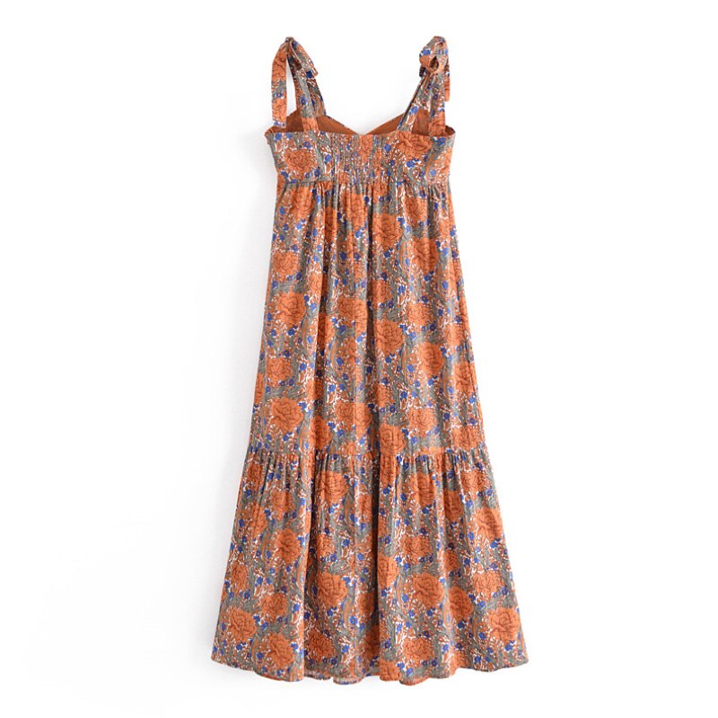 المرأة بوهو نمط الأزهار طباعة ميدي اللباس الصيف حزب السباغيتي حزام اللباس Femele ربطة القوس فيونكة أكمام ألف خط فساتين 