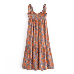 المرأة بوهو نمط الأزهار طباعة ميدي اللباس الصيف حزب السباغيتي حزام اللباس Femele ربطة القوس فيونكة أكمام ألف خط فساتين 