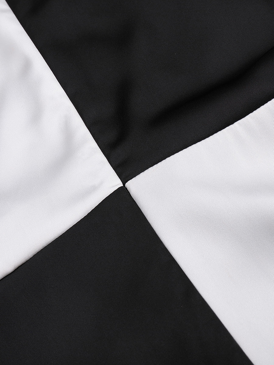 Elegant satin dress with black and white contrast stitching