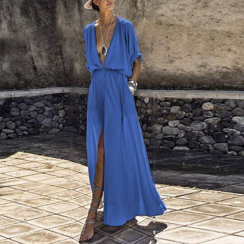 Deep V mid-sleeve slit dress European and American new dress beach skirt