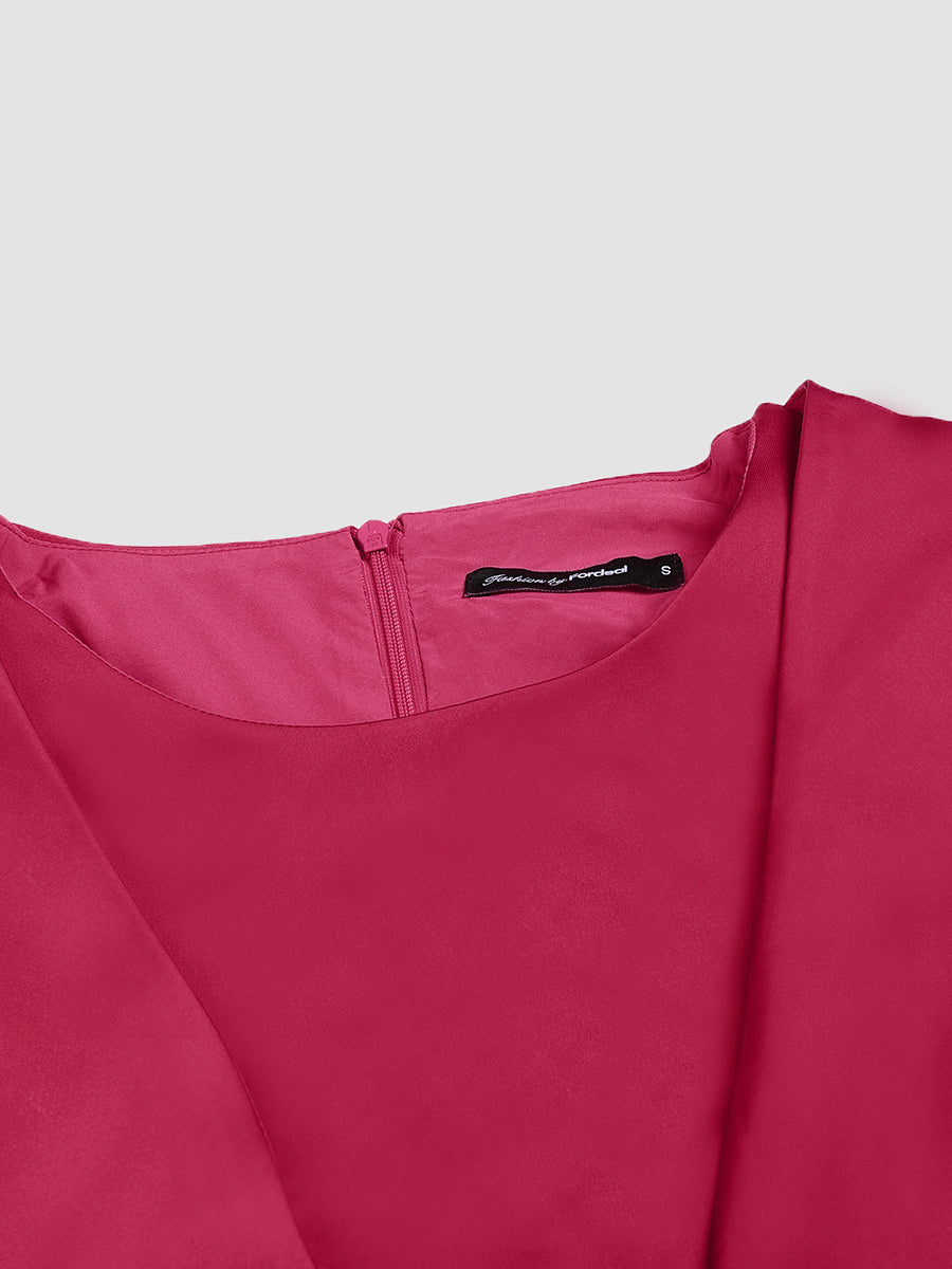 Rose Red Elegant Waisted Asymmetric Slit Dress