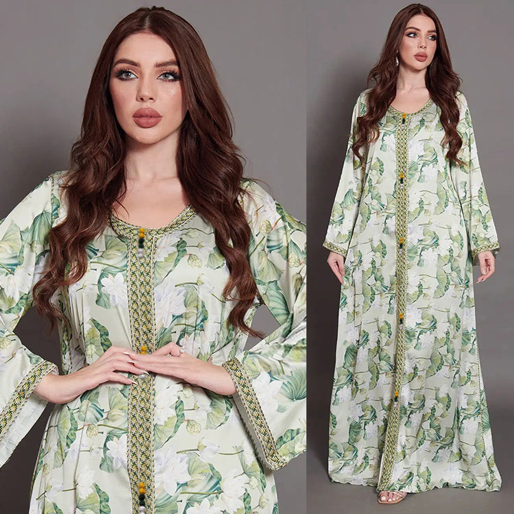 New Middle East  Plus Size Lotus  Print Dress Arab Traditional Women's Robe Jalabiya Dubai Qatar