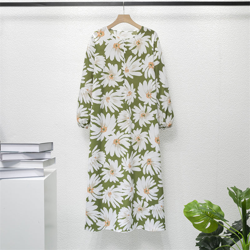 Spring Summer Muslim Dresses Full Sleeve Printed Floral Casual Long Loose Chiffon Dress Women Maxi Dresses With Pocket Mujer Vestidoes