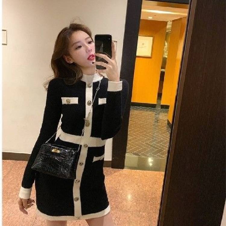 QWEEK 2021 Fashion Korean Style Knitted Dress Winter White Women Knit Bodycon Dress Elegant Long Sleeve Dress Knitwear For Women