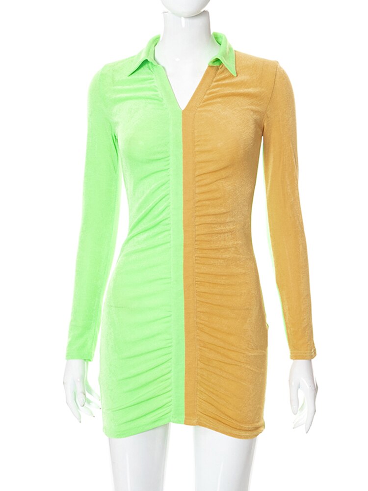 Hugcitar اللون المرقعة كم طويل فستان قصير قميص بدوره إلى أسفل طوق الخامس الرقبة Bodycon مثير نادي الحفلات Y2K الملابس تصميم الأزياء 