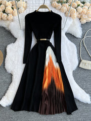 Elegant  stitching dress simple temperament round neck gradient  fit  mid-length skirt women