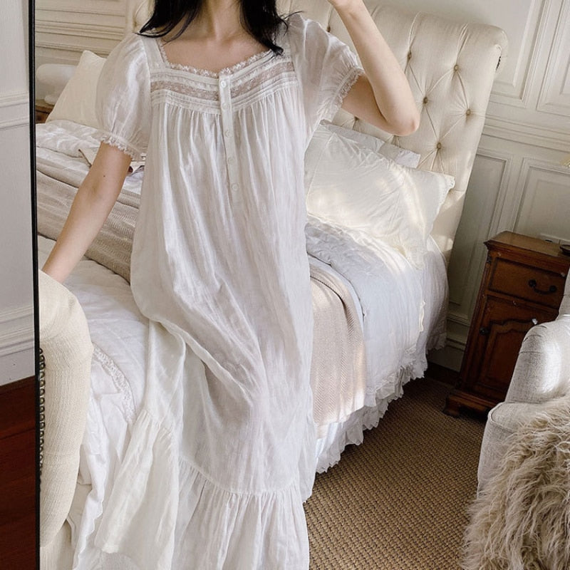 Sleepwear Women  Cotton Peignoir White Short Sleeve Victorian Long Night Dress Romantic Vintage Nightgowns Homewear