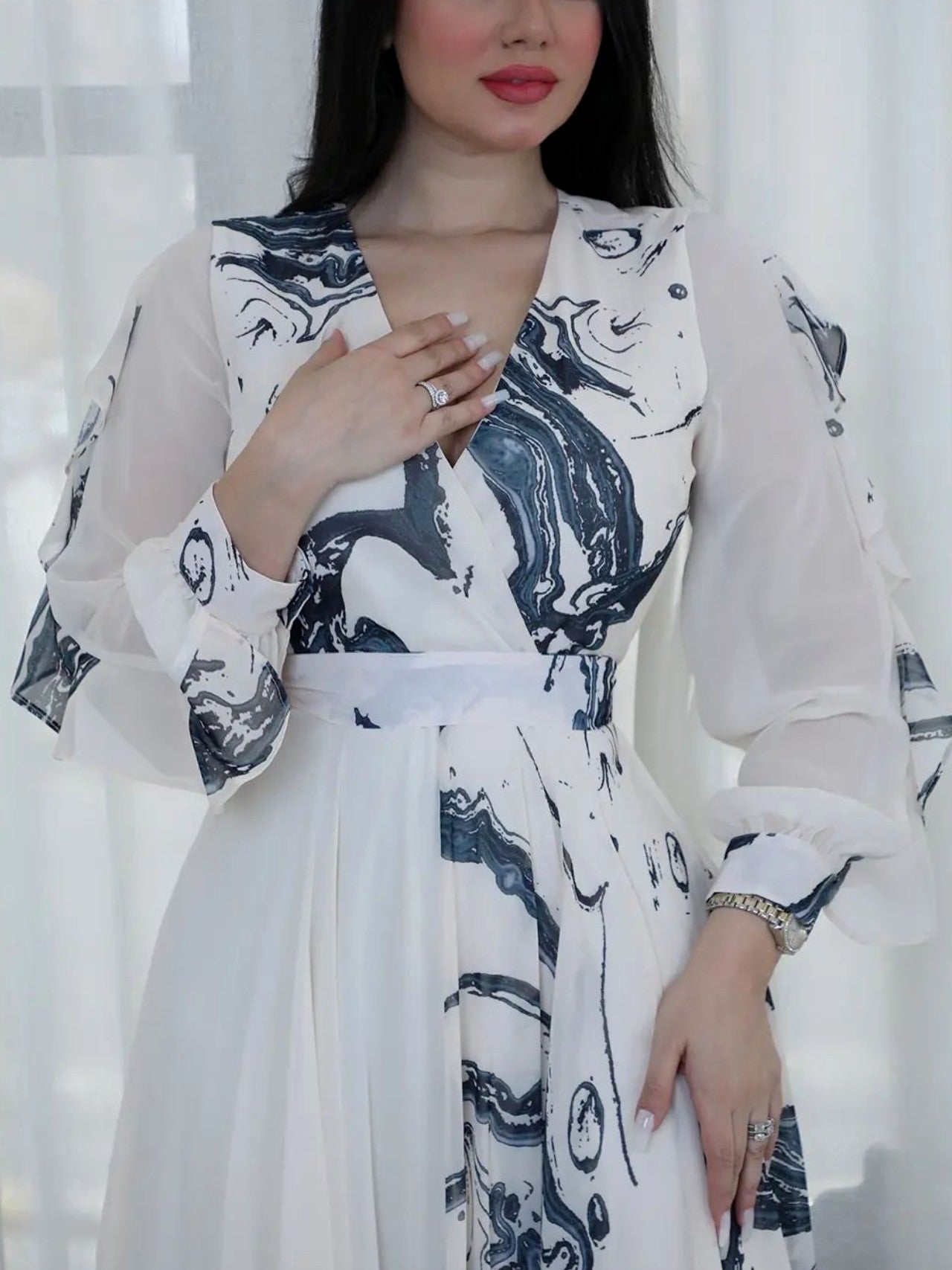 White Printed Chiffon Ink Waist  Dress