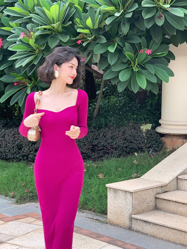 Elegant Vintage Knitted Dress Women Autumn 2022 Korean Style Evening Party Midi Dress Ladies Bodycon Casual Sexy Designer Dress