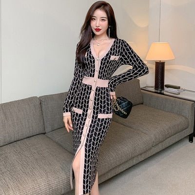 Fashion Women Vintage V-Neck Single-breasted Midi Knitted Dress Elegant Streetwear Plaid Bodycon Skinny Sweater Female Dress