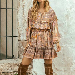 فستان نسائي قصير من Happie Queens مطبوع عليه زهور بأربطة وشرابة للشاطئ بوهيمي فستان قصير للسيدات بياقة على شكل V وكشكشة صيفي بوهو فستان فيستيدوس 