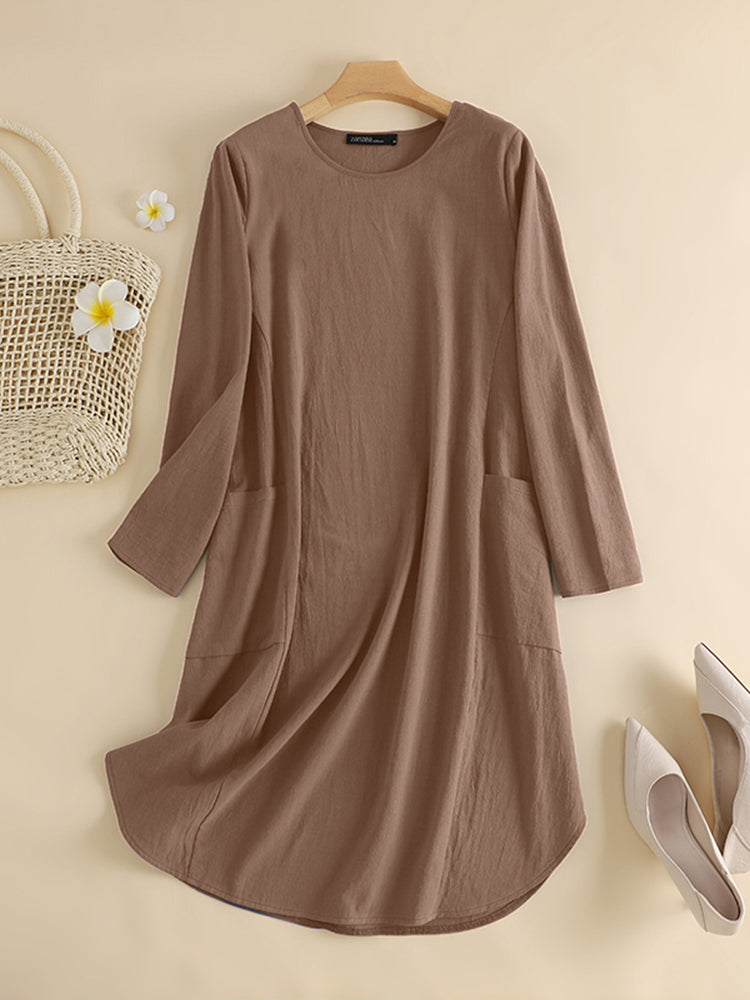 ZANZEA Women Elegant Dresses Solid O-Neck Long Sleeve Vintage Knee Length Dress Fashion Holiday Casual Loose Ladies Vestido Plus Size