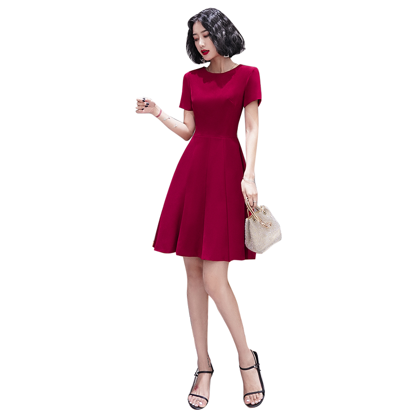 Ladies round neck short sleeve simple fashion party dress birthday party evening dress