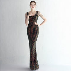 New sequined ladies banquet temperament V-neck show figure long aura queen dinner fishtail skirt