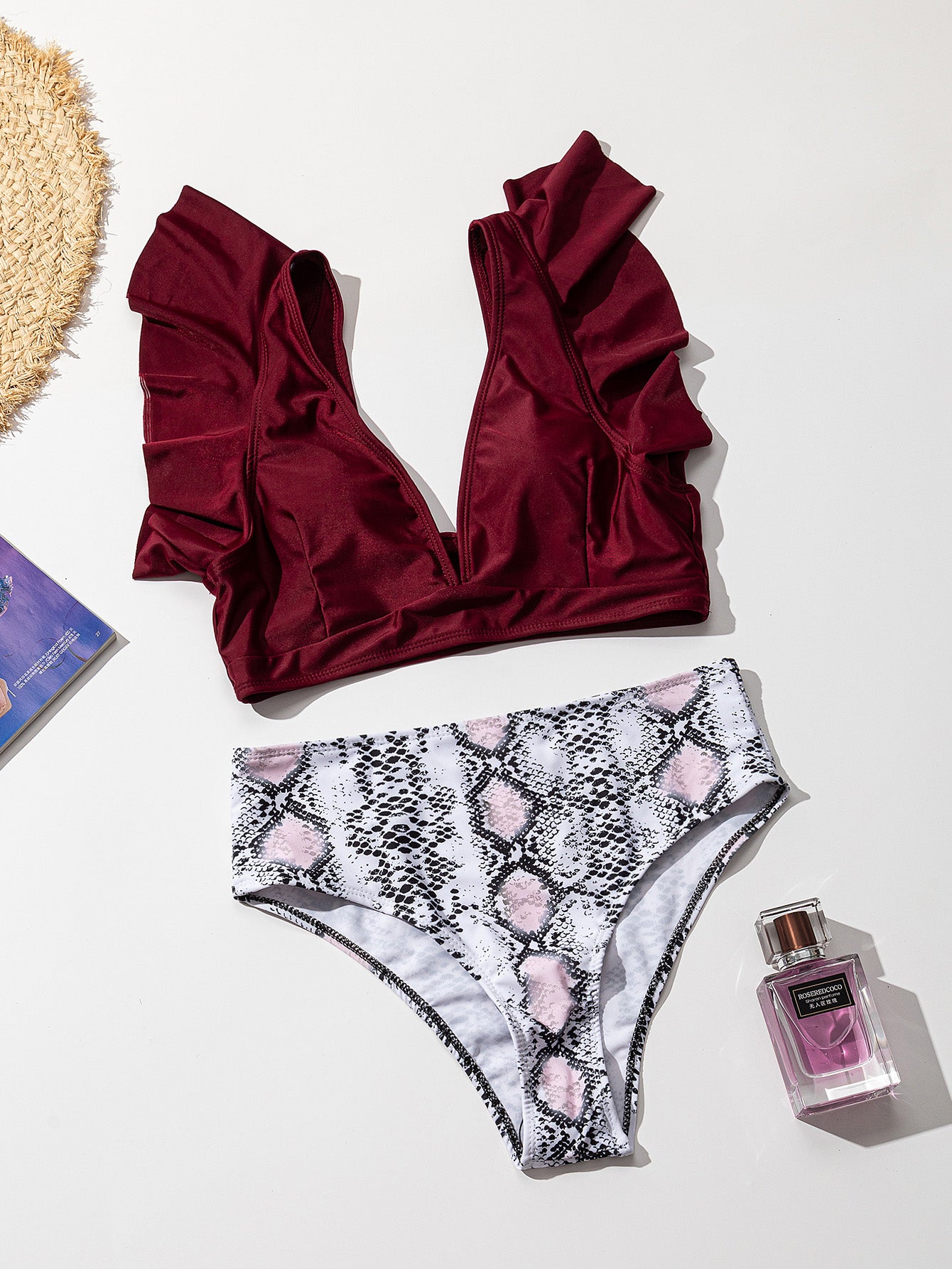 ملابس سباحة بكيني من قطعتين بخصر عالٍ، 9 ألوان مكشكشة