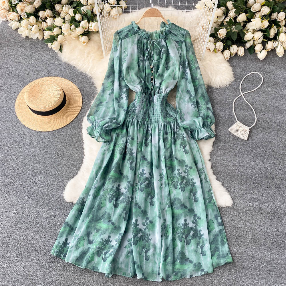 Celebrities' high-end women's clothing elegant printed French dress with slim waist and puff sleeves super  big  long skirt