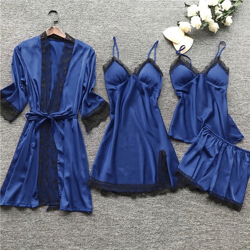 4PCS nightdress female lace suit sexy V-neck suspender nightdress comfortable pajamas nightdress spring nightdress fashion home service