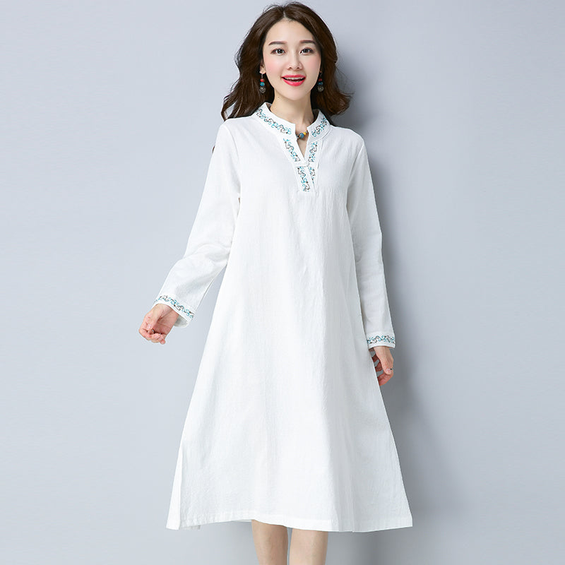 Ladies ethnic style large size retro  long-sleeved cotton and linen literary dress  linen mid-length dress robe  girl